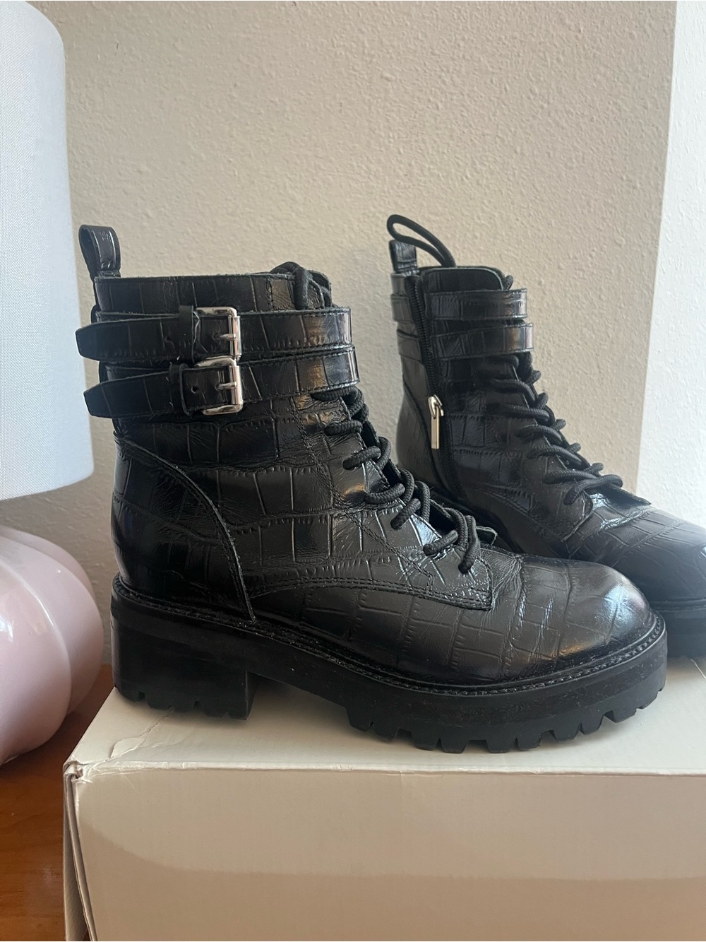 EUC Marc Fisher Black Croc-Embossed Leather Combat Boots